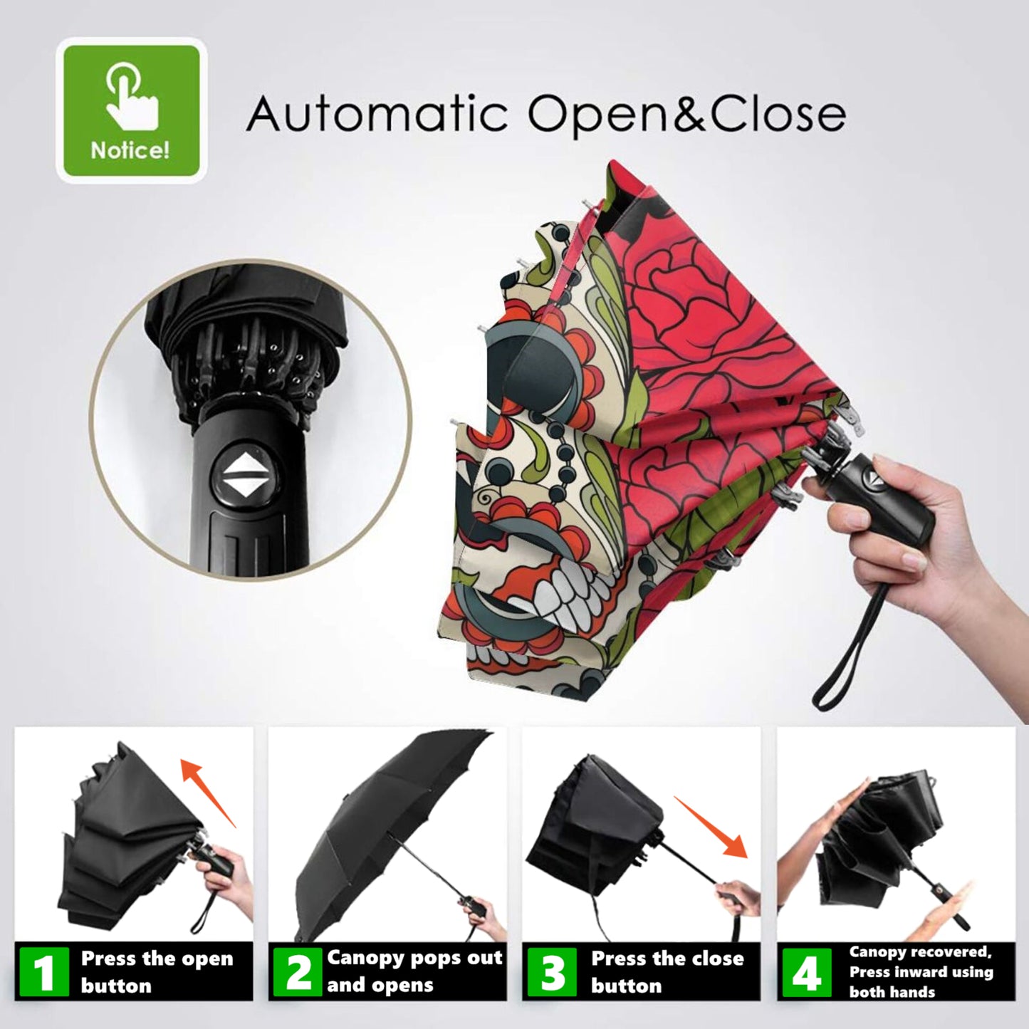 Parapluie pliable à imprimé tête de mort