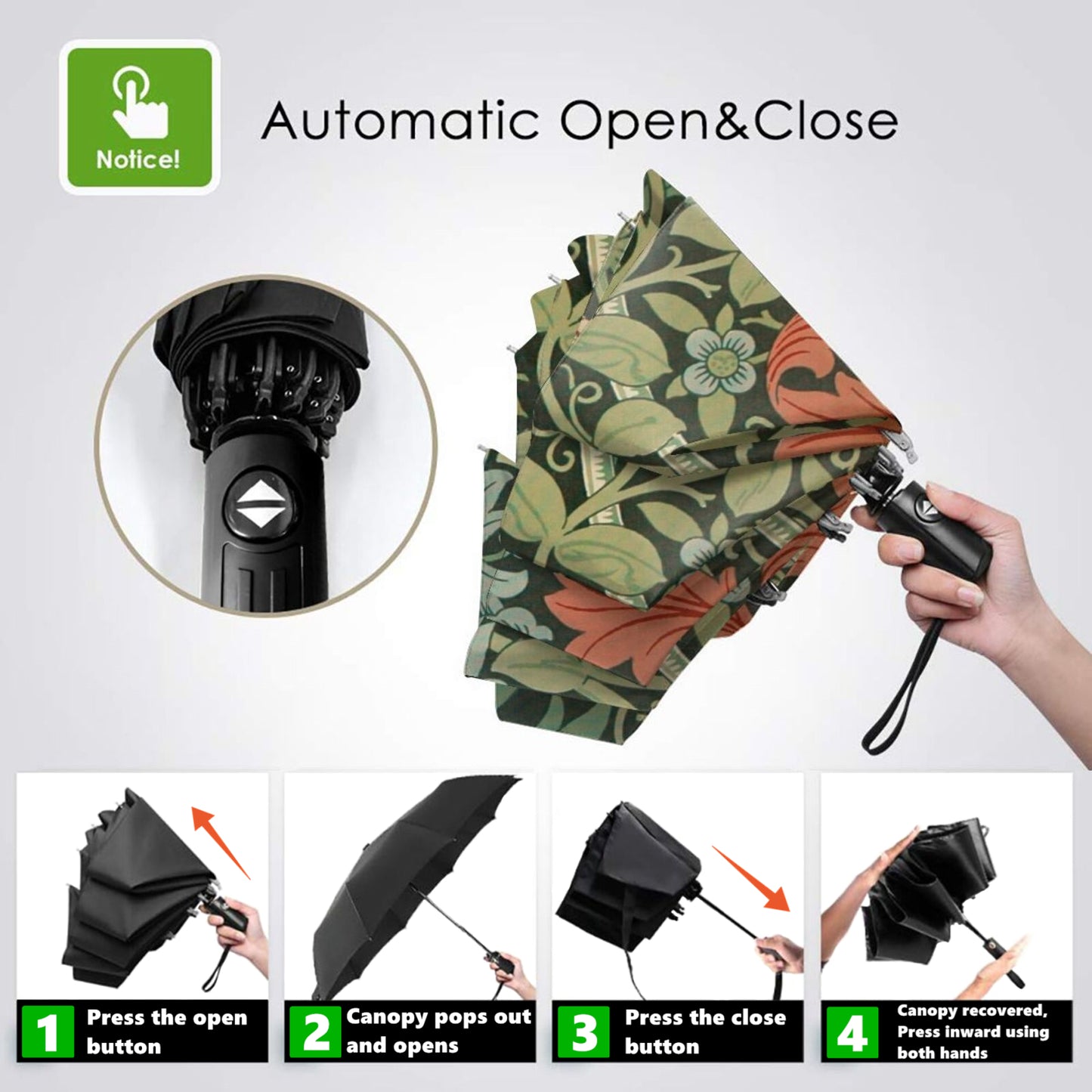 Kompakter Reiseschirm mit abstraktem Blumendesign im Inneren