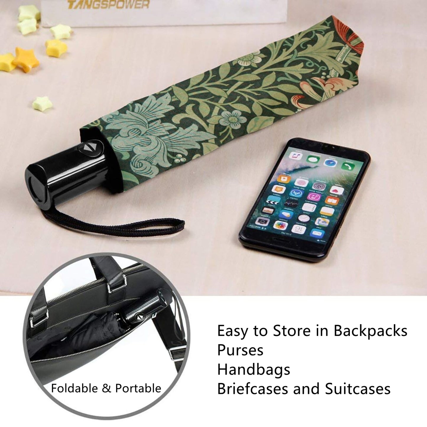 Kompakter Reiseschirm mit abstraktem Blumendesign im Inneren