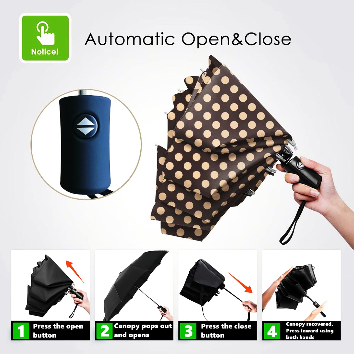 Parapluie pliable à ouverture et fermeture automatiques à pois beiges