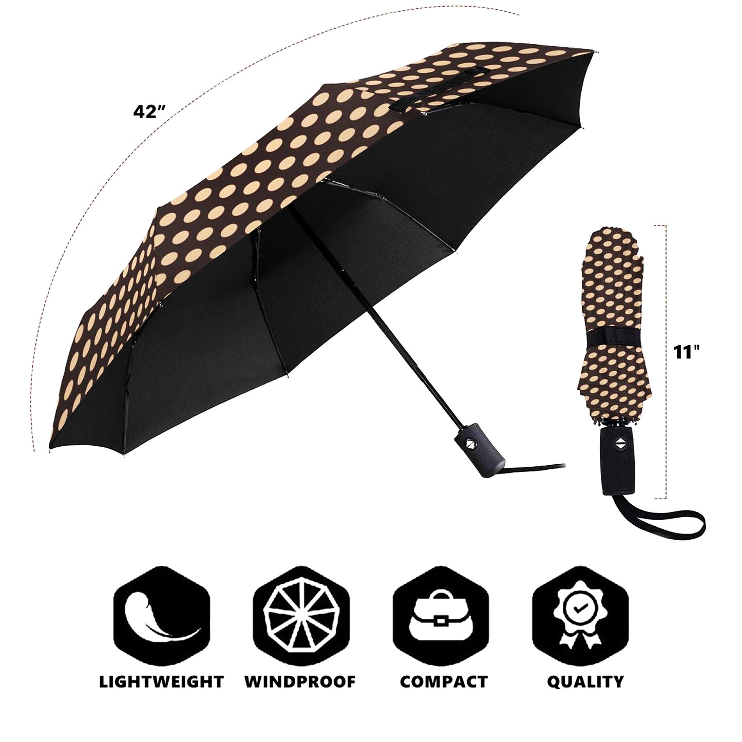 Parapluie pliable à ouverture et fermeture automatiques à pois beiges