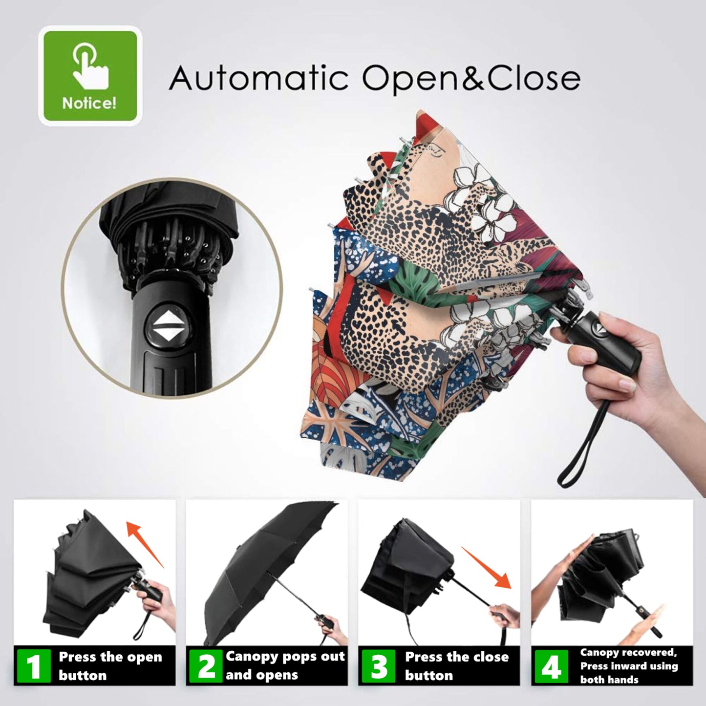 Parapluie pliable UV à motif feuilles et léopard