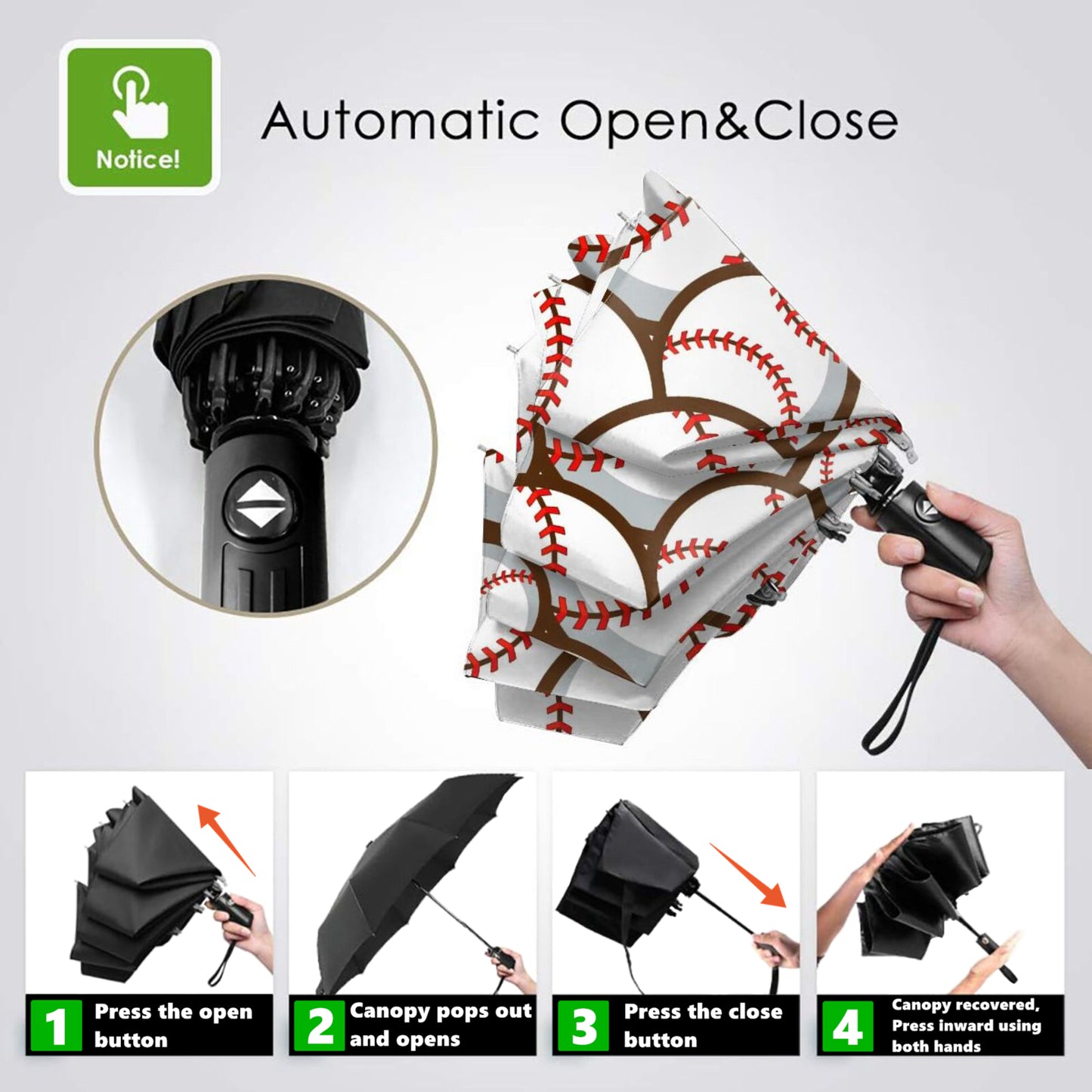 Parapluie pliable compact à imprimé baseball