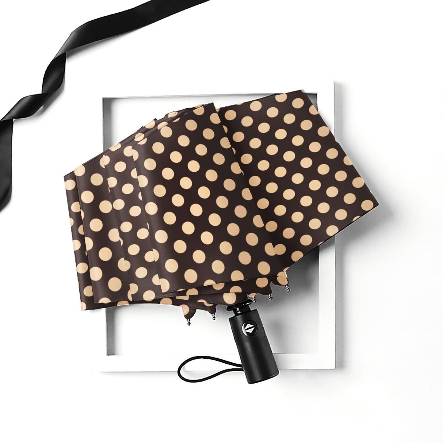 Parapluie pliable à ouverture et fermeture automatiques à pois beiges