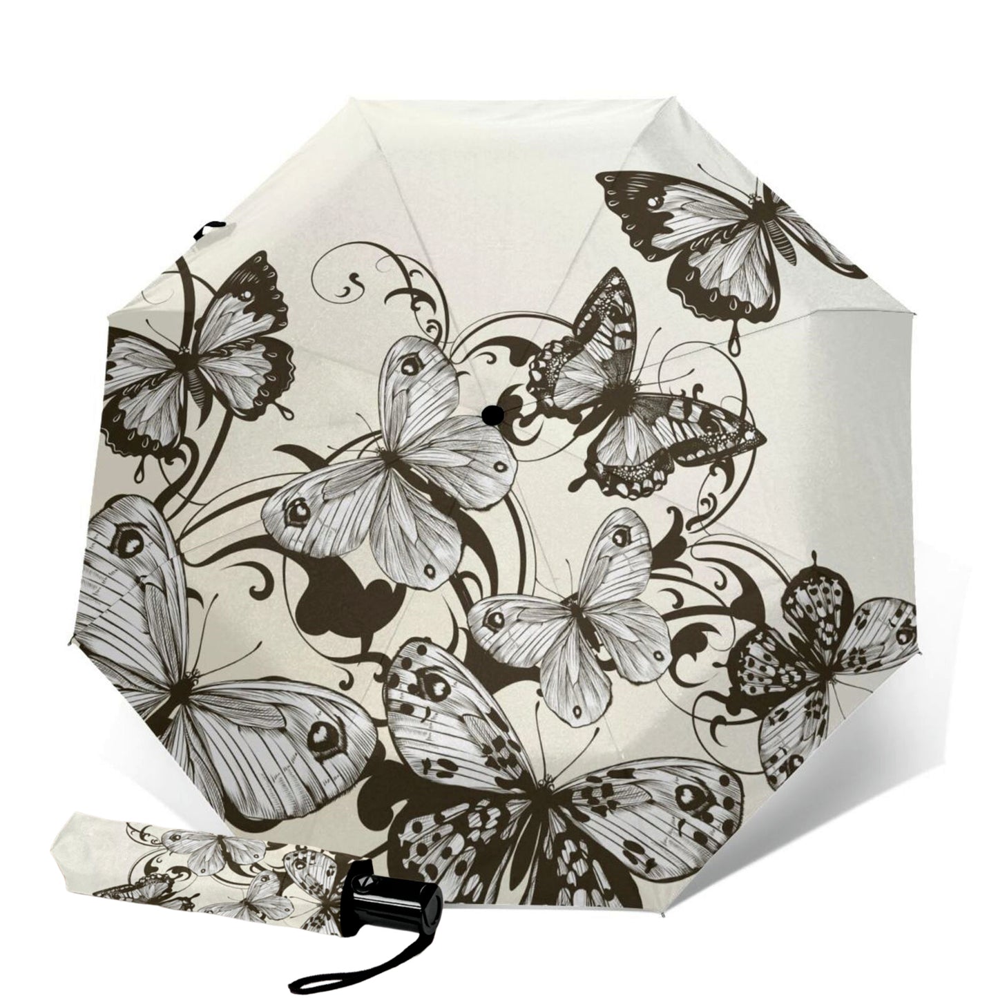 Parapluie de voyage pliable papillon noir et blanc