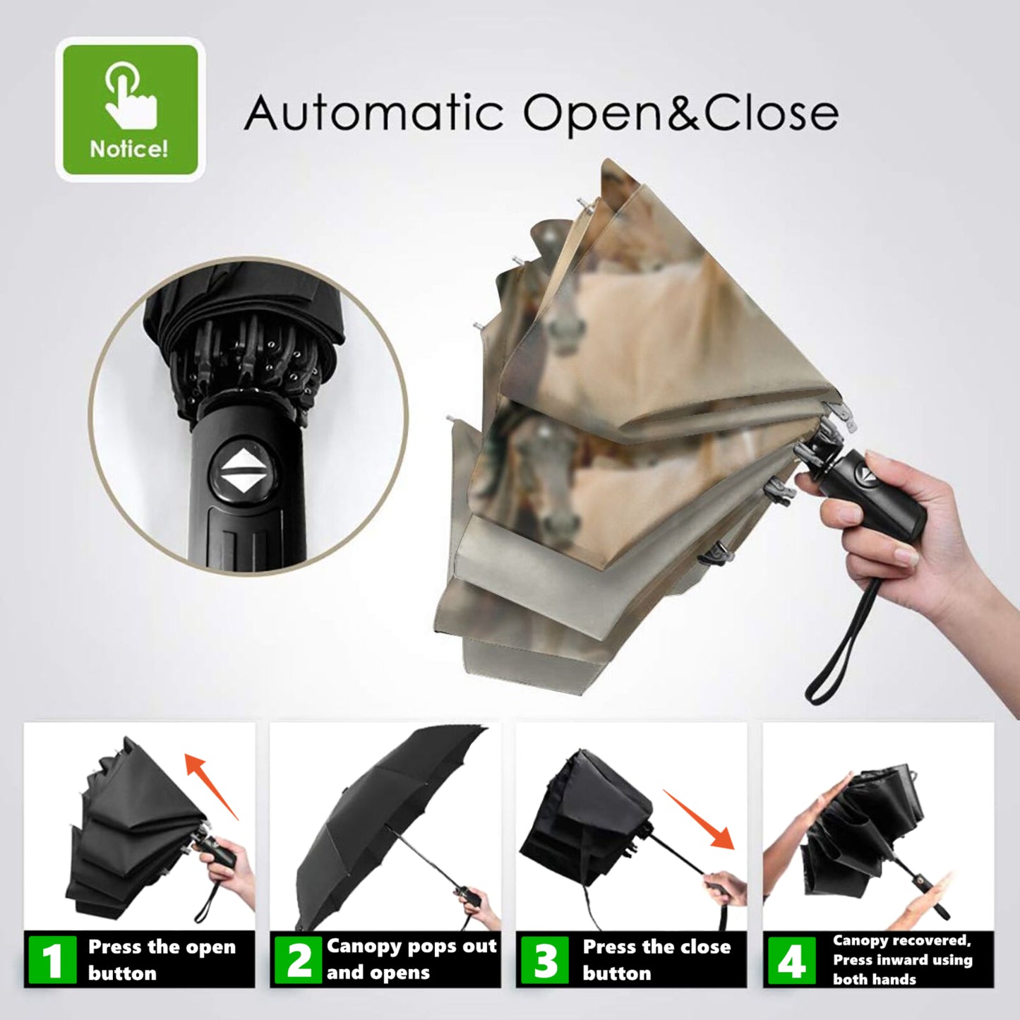 Kleiner Automatik-Regenschirm mit schwarzem Pferde-Print auf der Innenseite