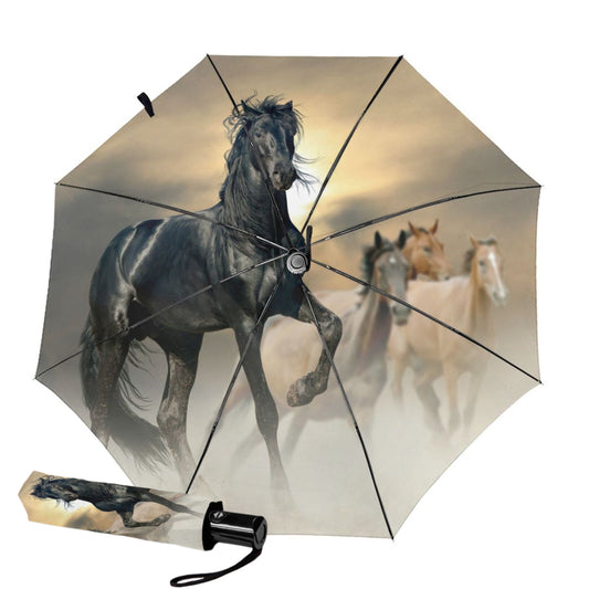 Kleiner Automatik-Regenschirm mit schwarzem Pferde-Print auf der Innenseite