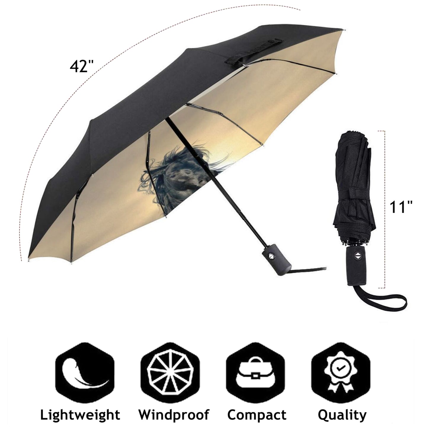 Kleiner Automatik-Regenschirm mit schwarzem Pferde-Print auf der Innenseite