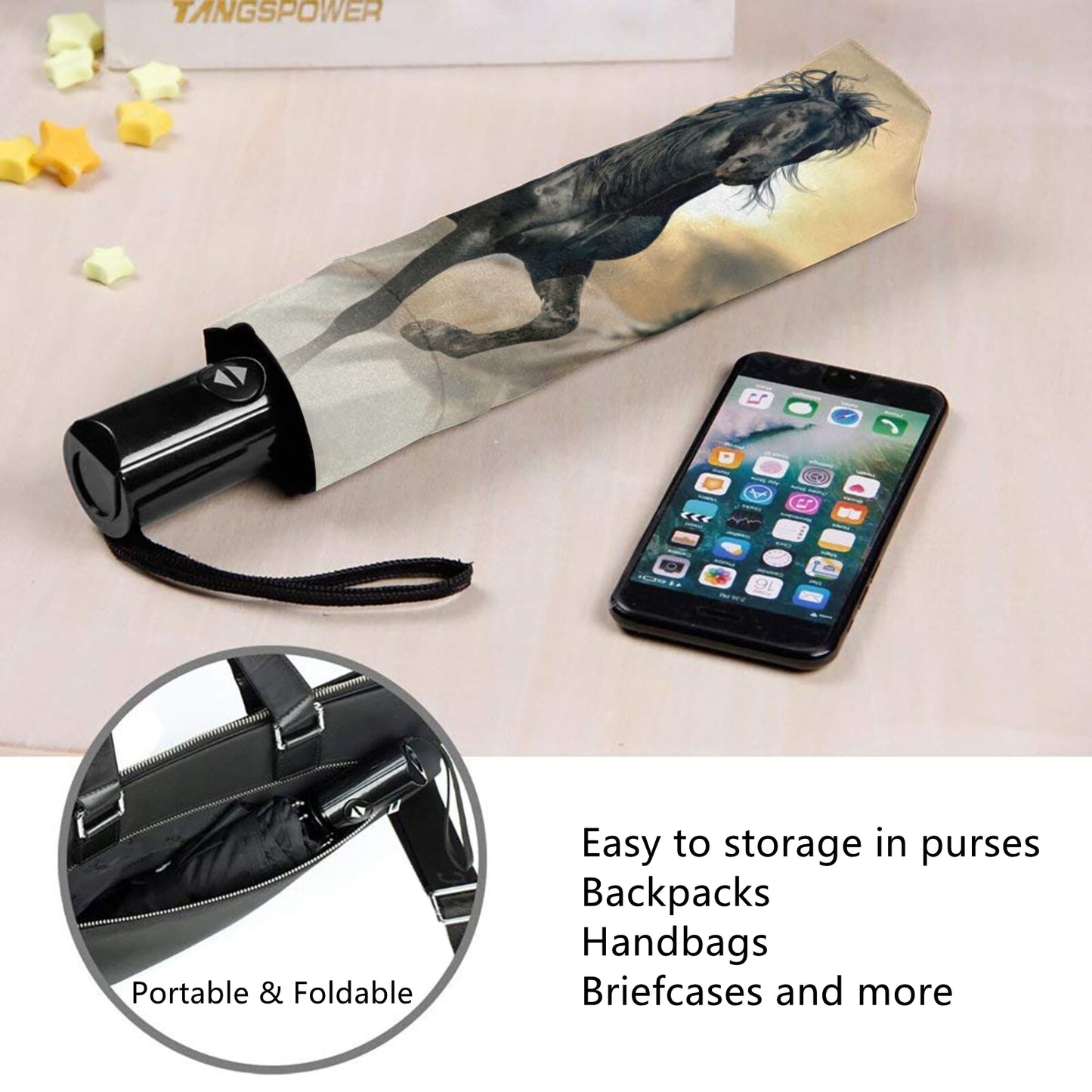 Kleiner Automatik-Regenschirm mit schwarzem Pferde-Print auf der Innenseite