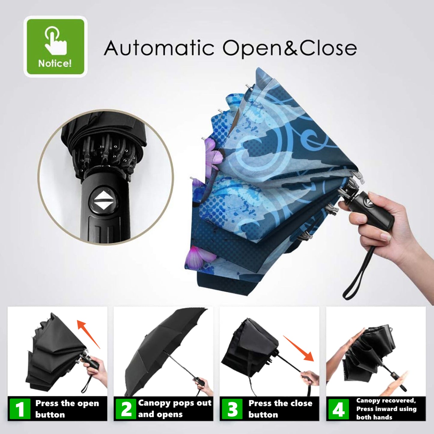 Automatic Open Close Folding UV Umbrella With Blue Butterfly Print Inside