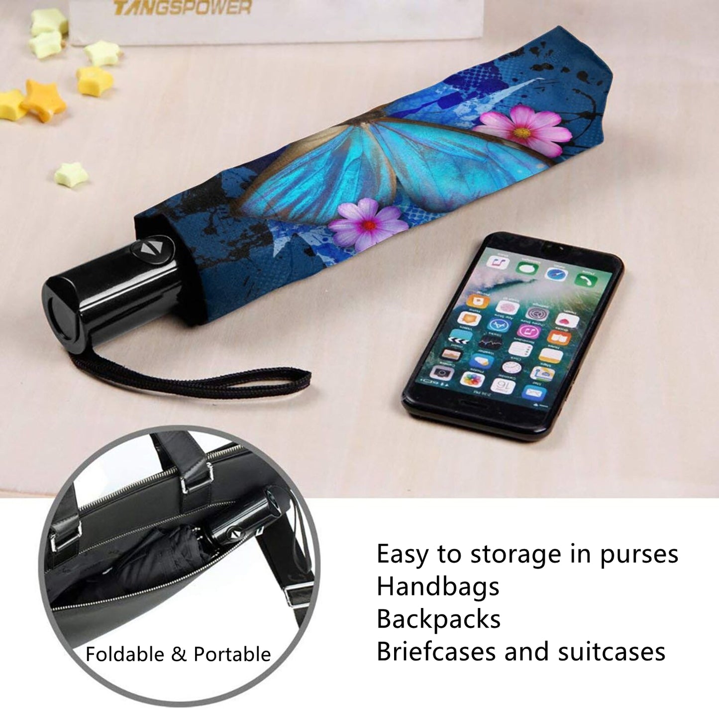 Automatic Open Close Folding UV Umbrella With Blue Butterfly Print Inside