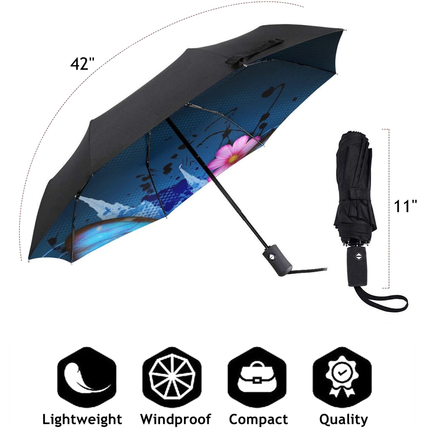 Automatic Open Close Folding UV Umbrella With Blue Butterfly Print Inside