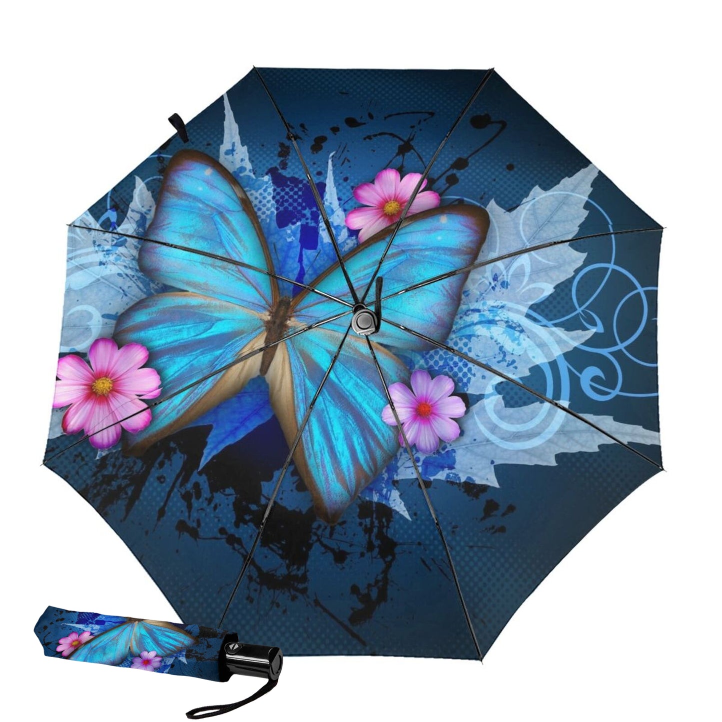 Automatic Open Close Folding UV Umbrella With Blue Butterfly Print Inside