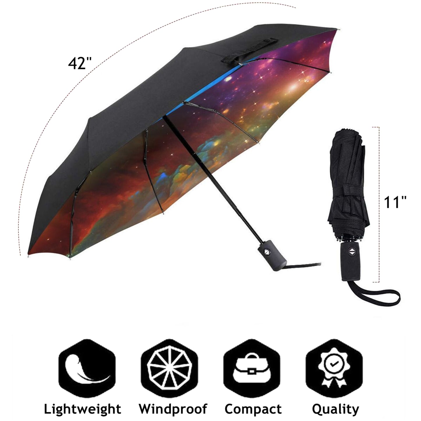 Kleiner kompakter Regenschirm mit Sternenhimmel im Inneren