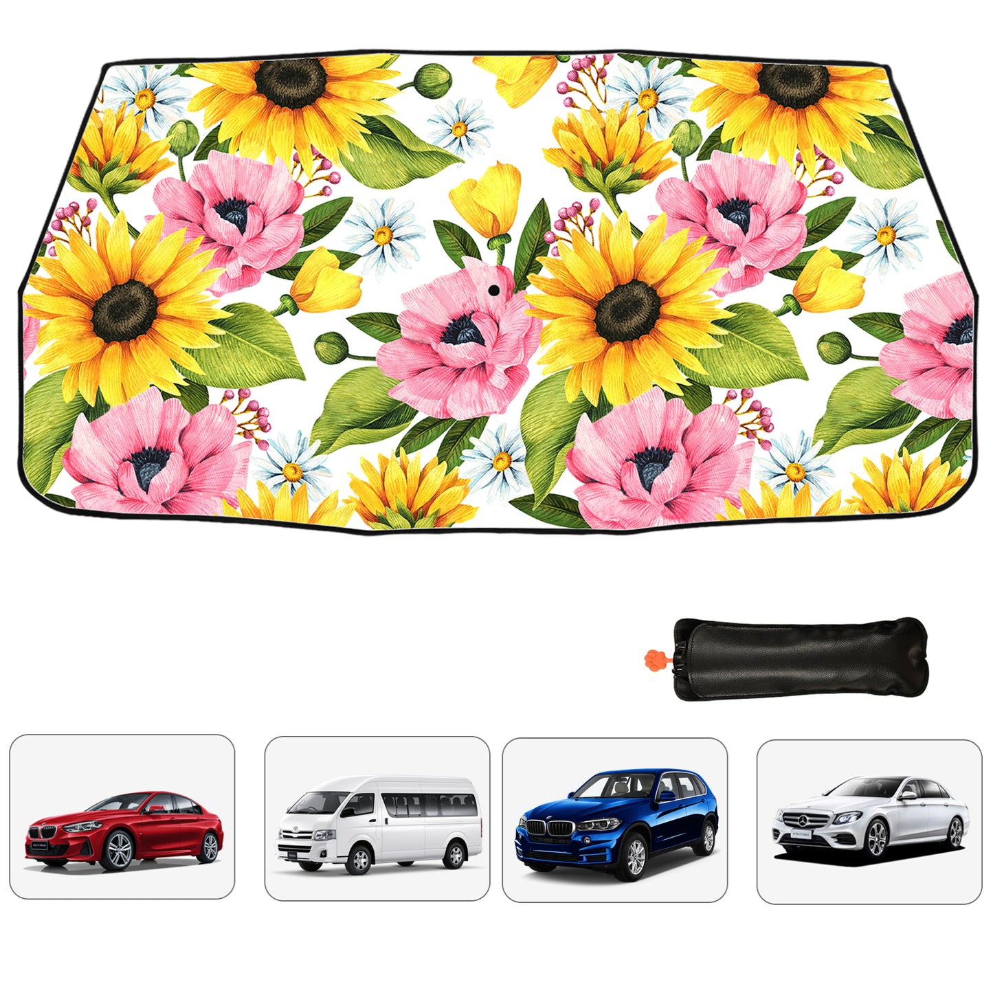 Schöner Sonnenschutz für die Windschutzscheibe des Autos mit Sonnenblumenmotiv