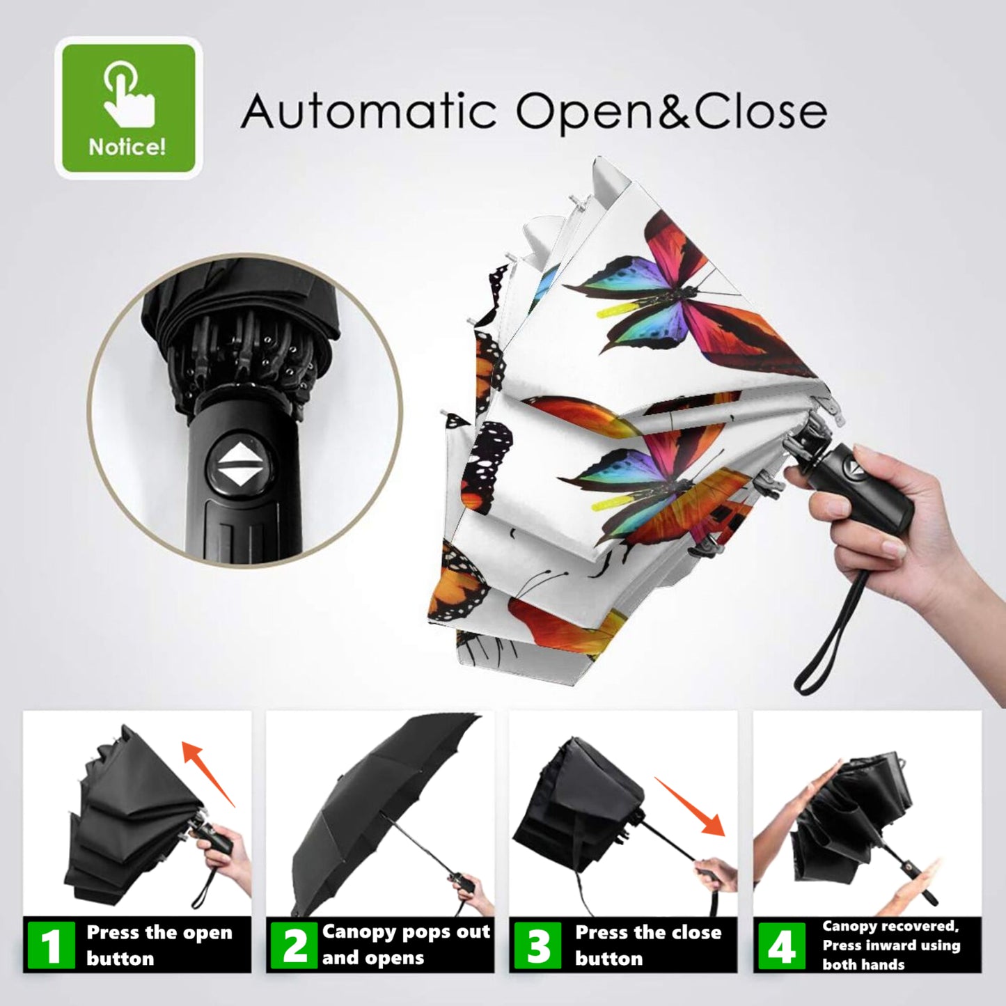 Kompakter UV-Regenschirm mit Schmetterlingsdesign im Inneren