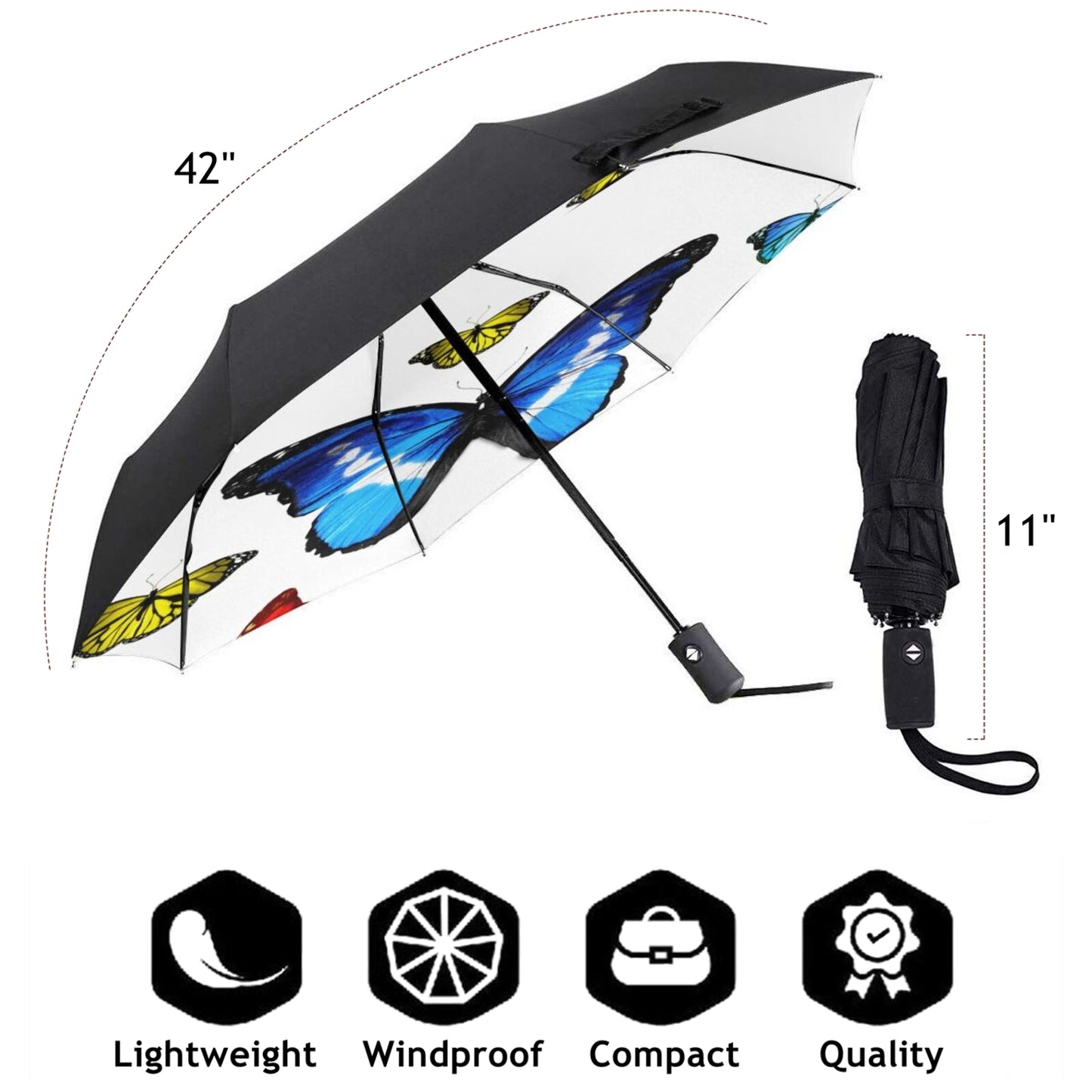 Kompakter UV-Regenschirm mit Schmetterlingsdesign im Inneren