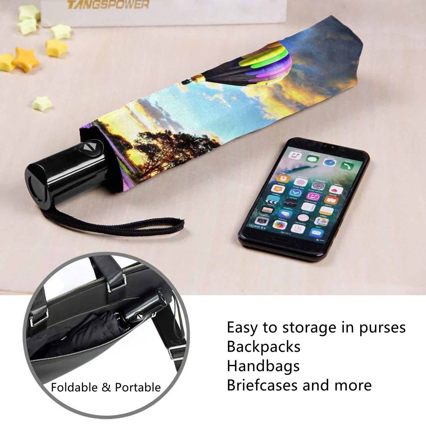 Kleiner Reiseschirm mit Heißluftballon-Aufdruck innen