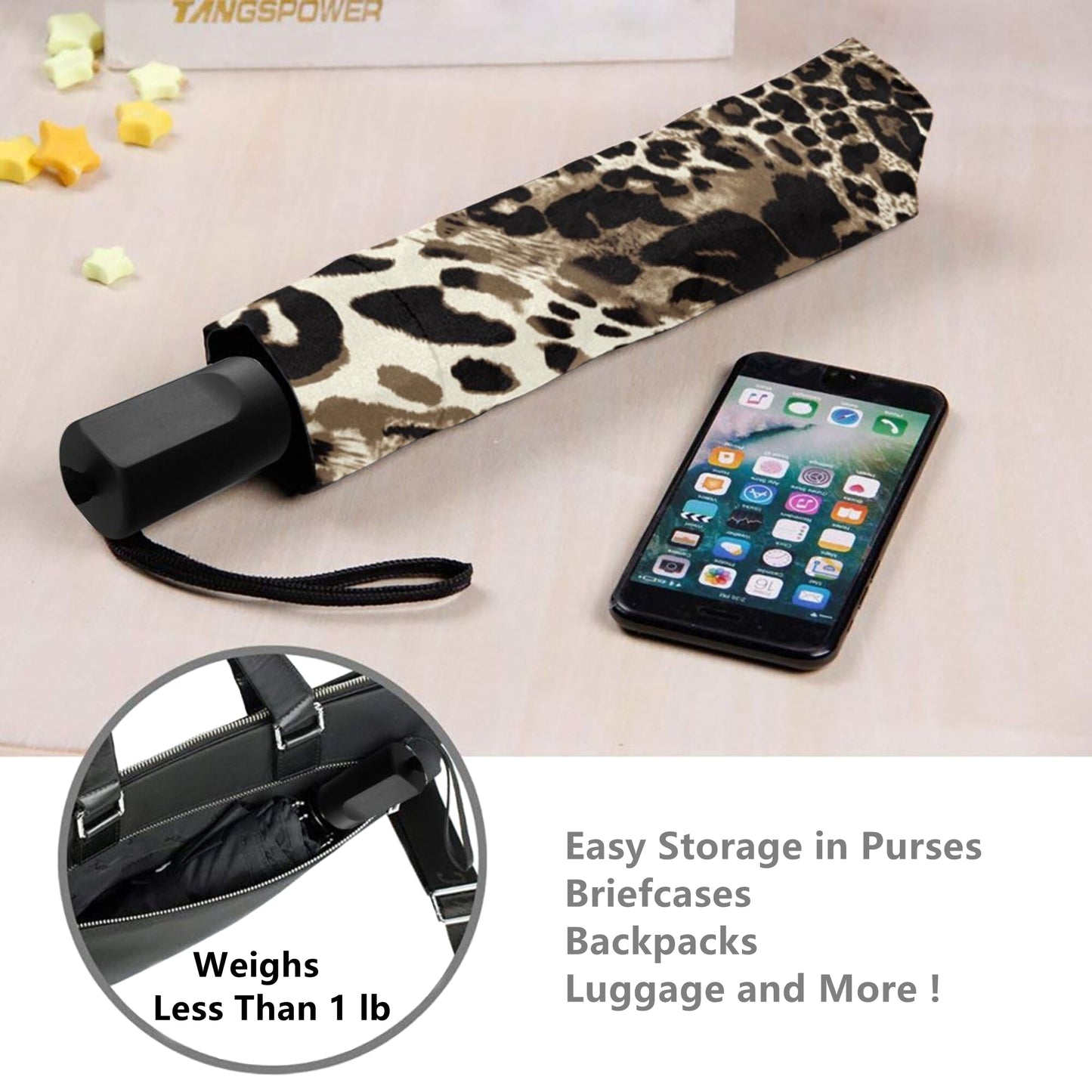 Manueller Taschenschirm mit Leopardenmuster in Silber