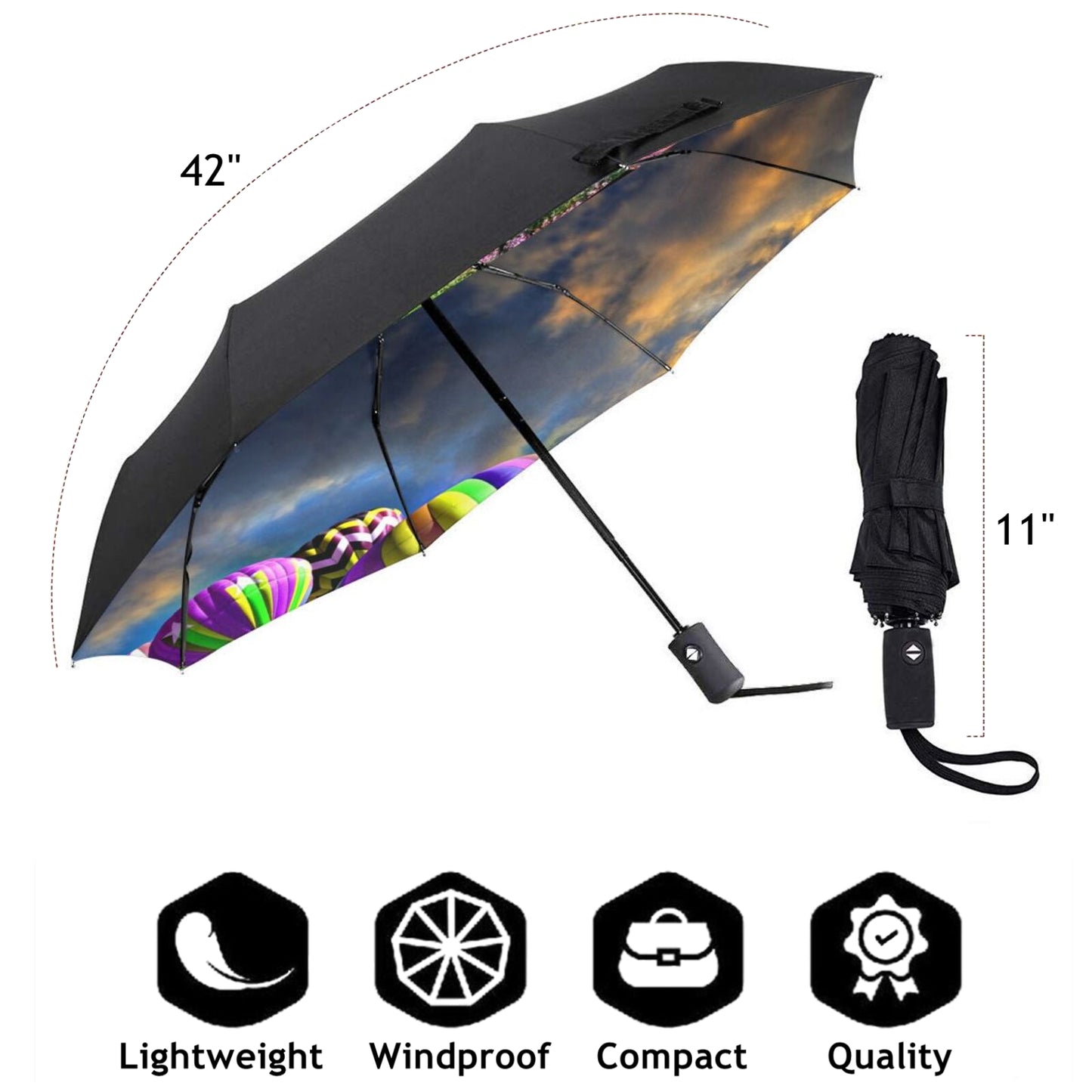 Kleiner Reiseschirm mit Heißluftballon-Aufdruck innen