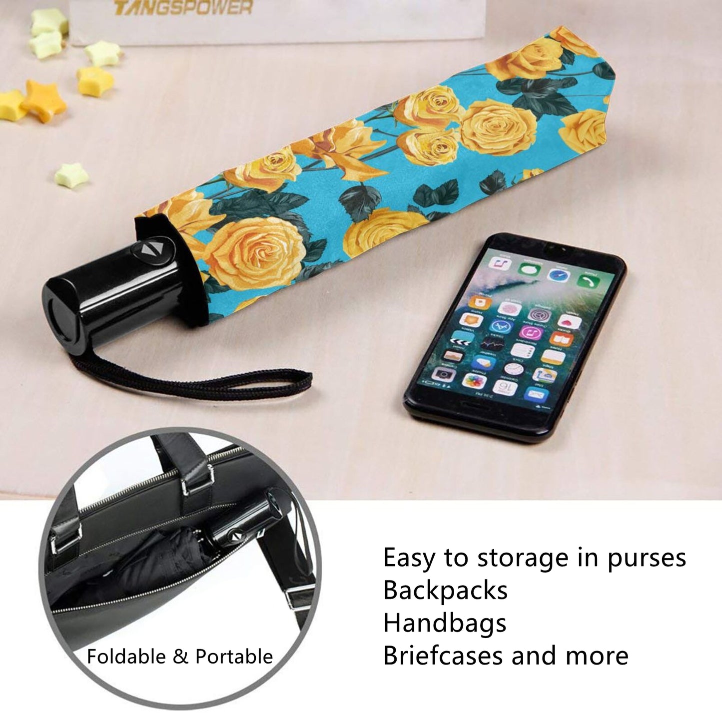 Kleiner Automatik-Regenschirm mit goldener Rose im Inneren