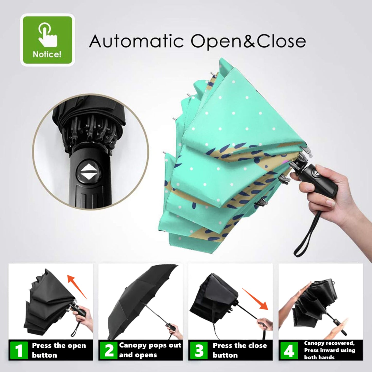 Kleiner Automatik-Regenschirm mit Igel-Motiv innen