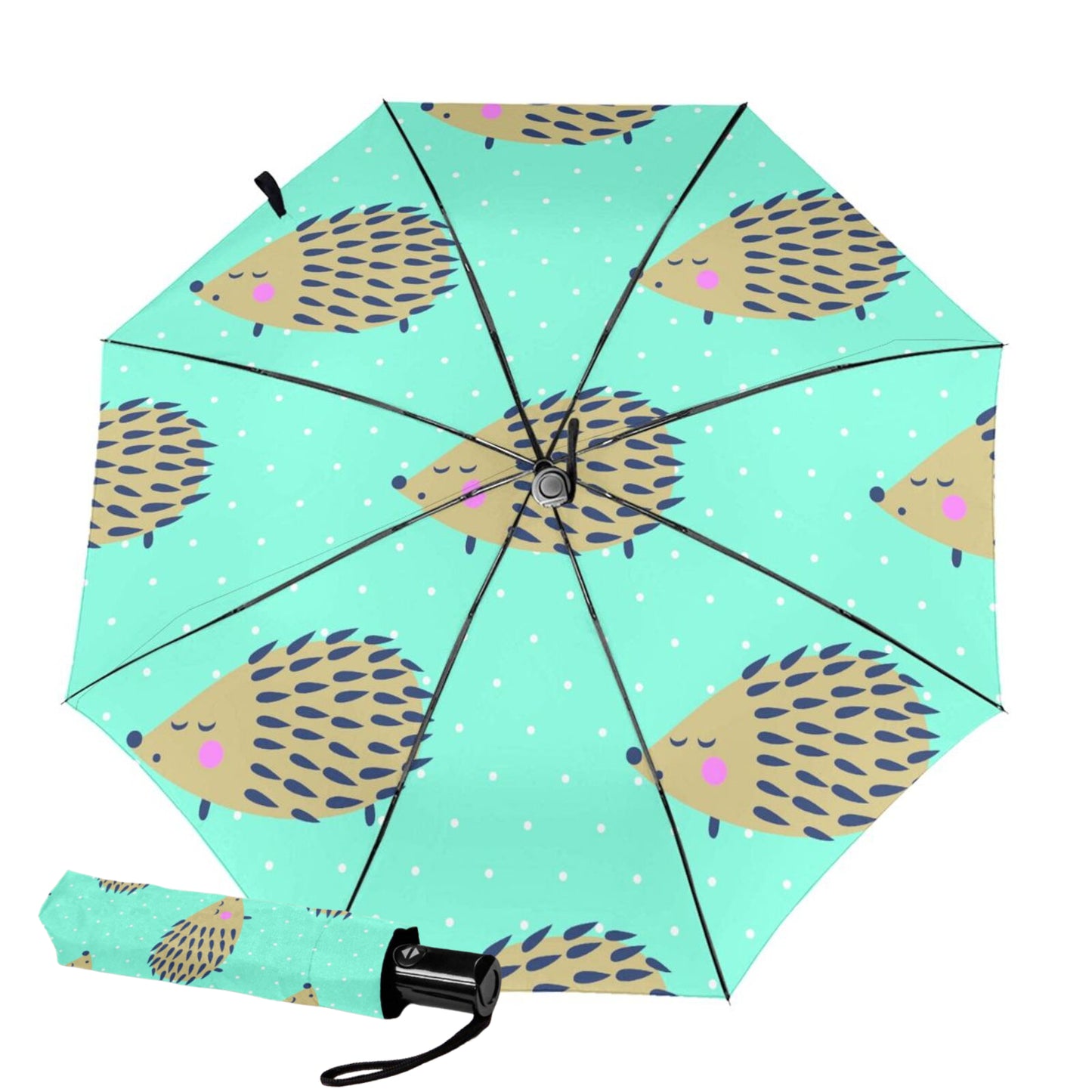 Kleiner Automatik-Regenschirm mit Igel-Motiv innen