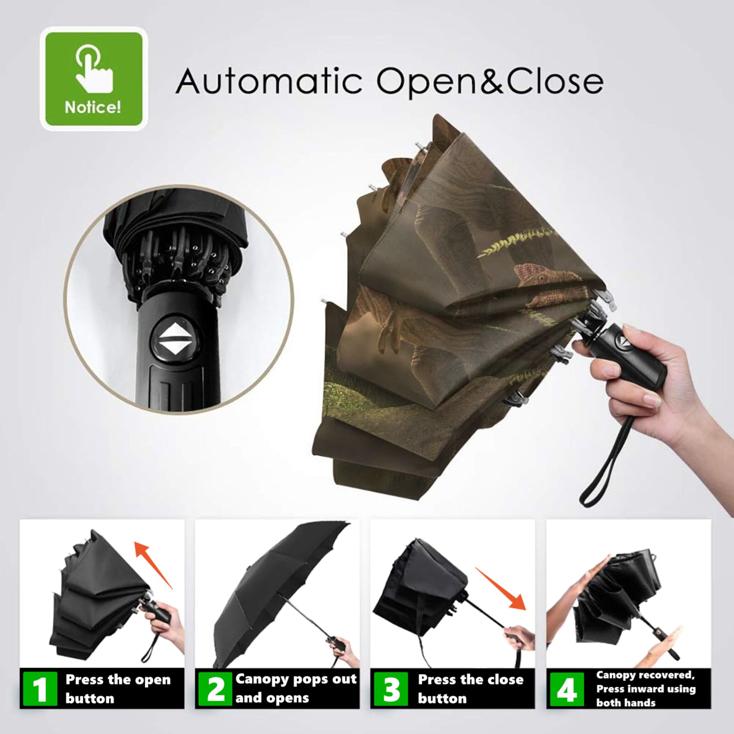 Automatischer Kompaktschirm mit Jurassic-Print auf der Innenseite