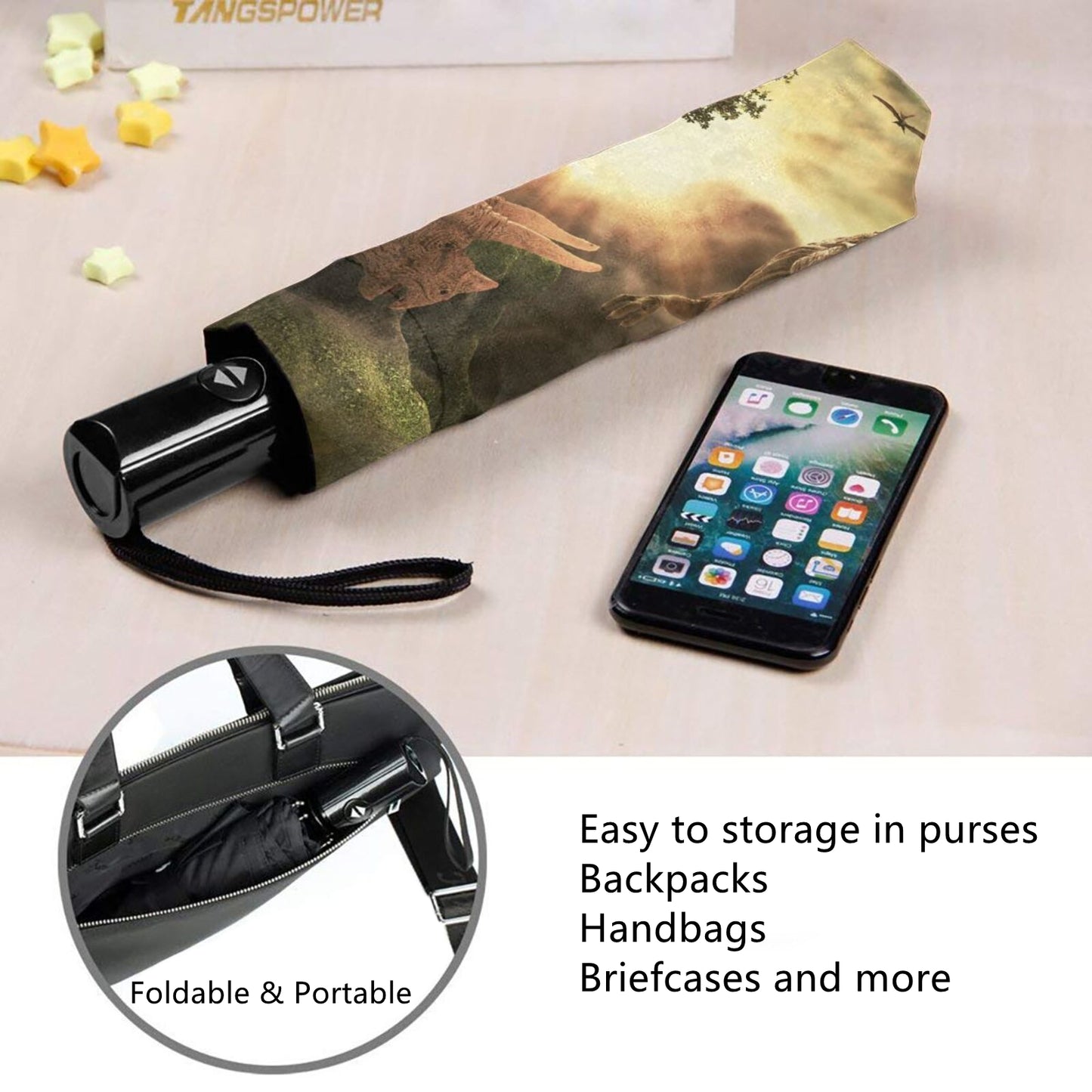 Automatischer Kompaktschirm mit Jurassic-Print auf der Innenseite