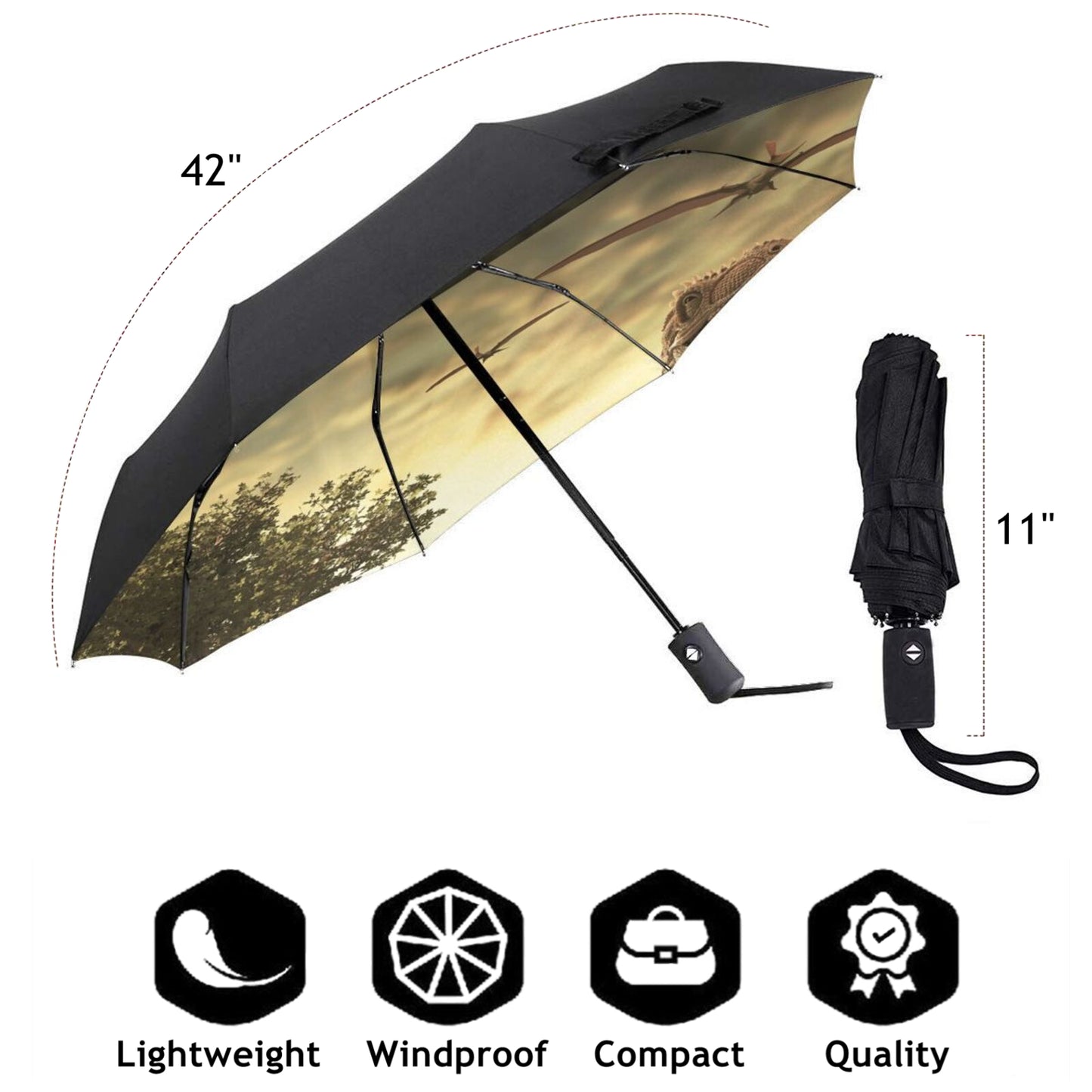 Automatischer Kompaktschirm mit Jurassic-Print auf der Innenseite