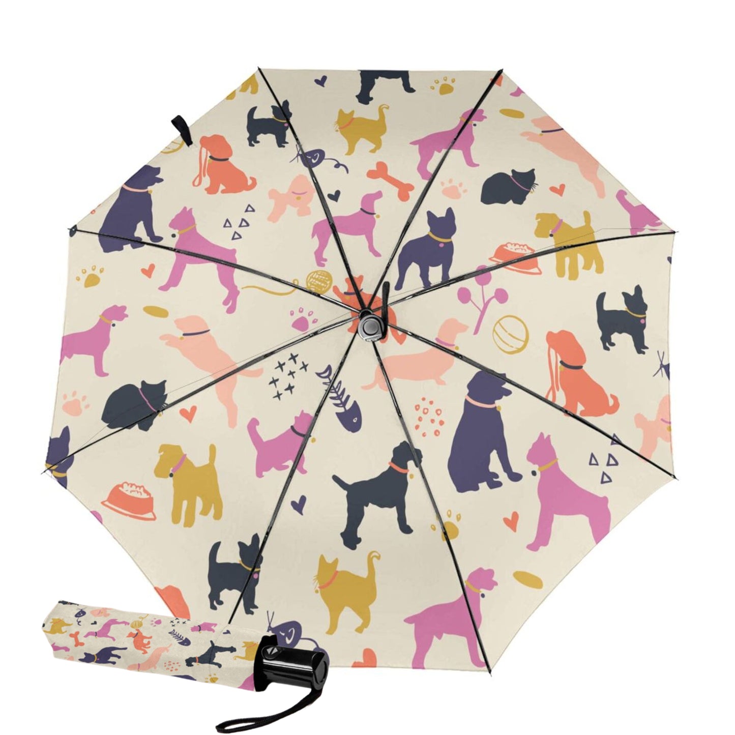 Kompakter Regenschirm mit Hunde- und Katzenmotiv im Inneren
