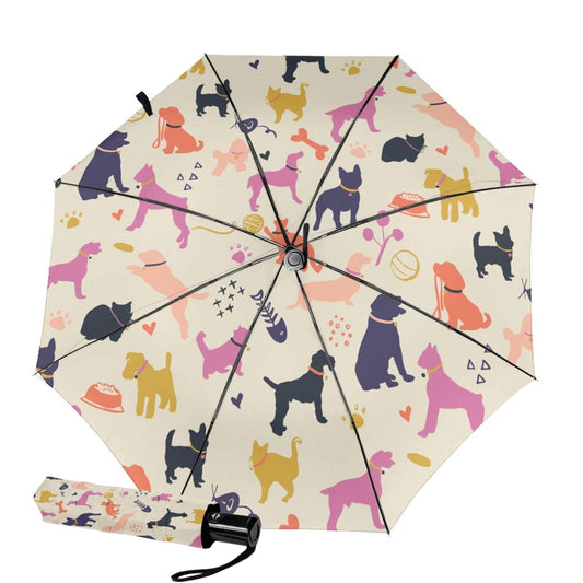 Kompakter Regenschirm mit Hunde- und Katzenmotiv im Inneren