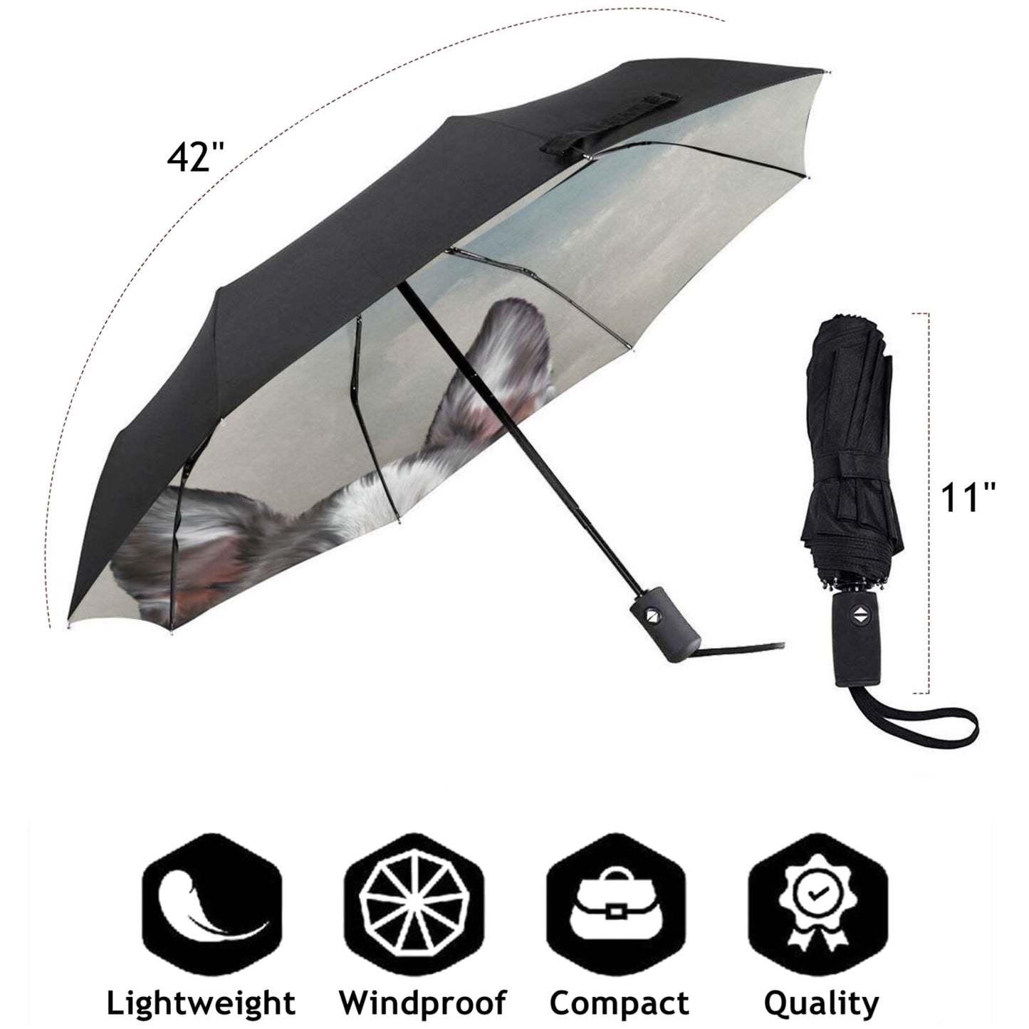 Kompakter Reiseschirm mit Hundeaufdruck innen