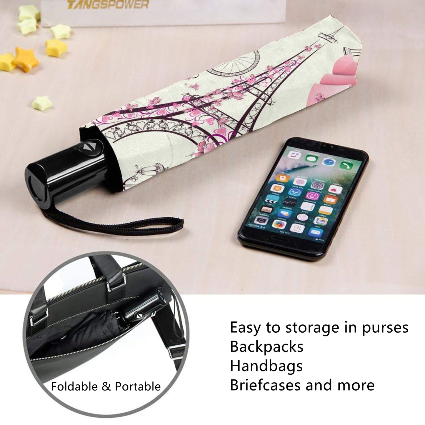 Kleiner Reiseschirm mit modischem Paris-Design im Inneren