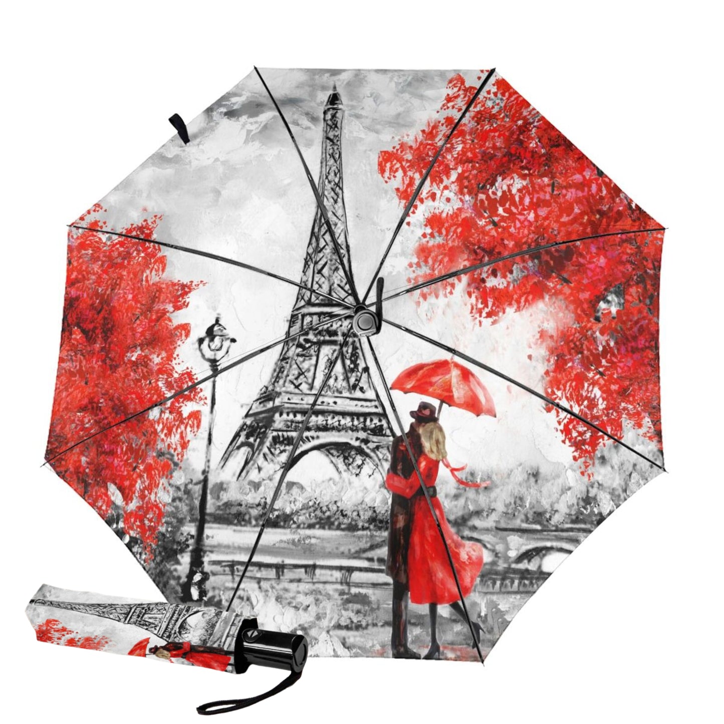 UPF 50+ UV Blocking Small Foldable Umbrella With Eiffel Tower Print Inside