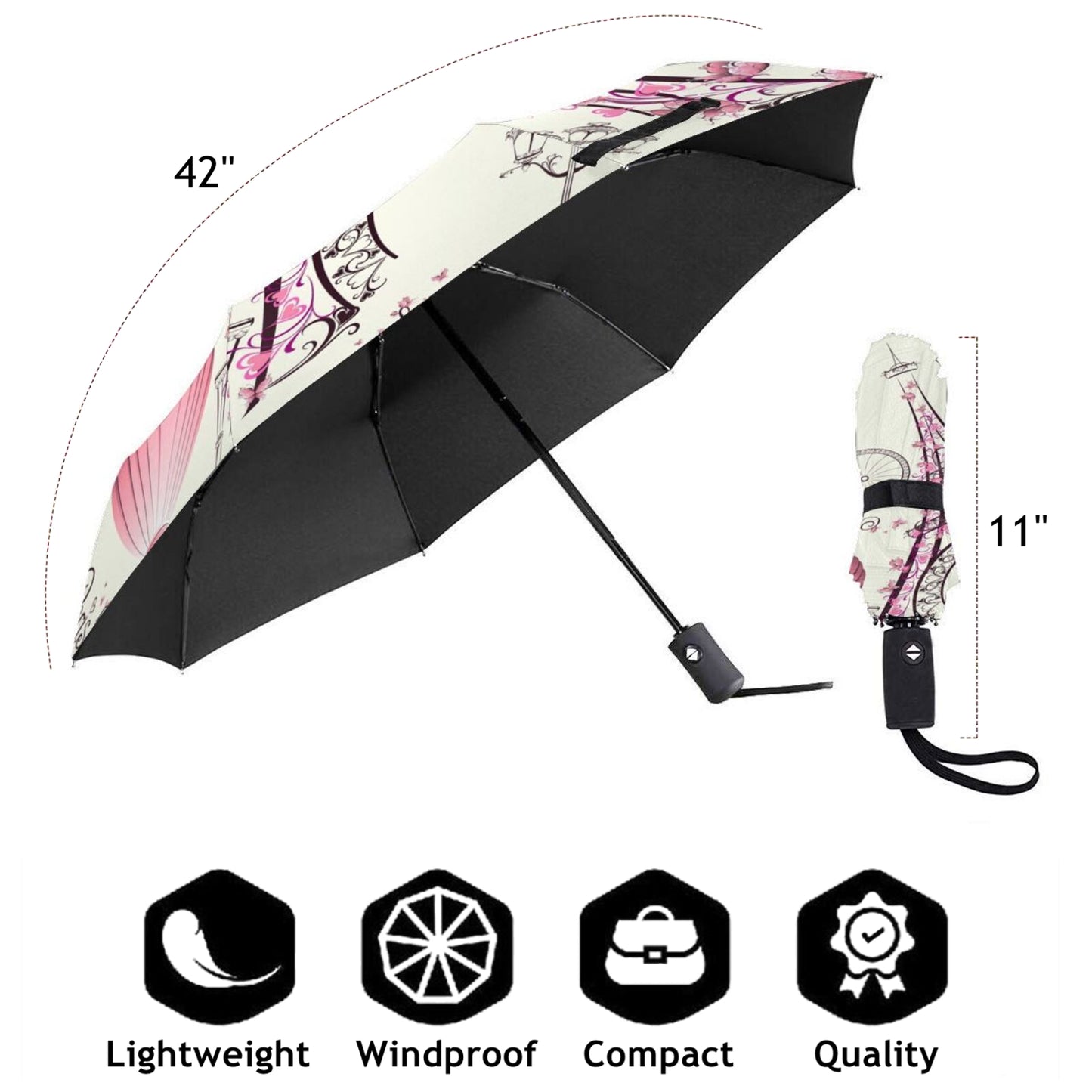 Parapluie compact pliable rose Paris