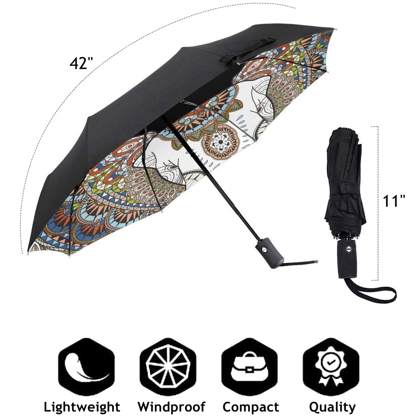 Faltbarer UV-Regenschirm mit Elefantenmotiv auf der Innenseite