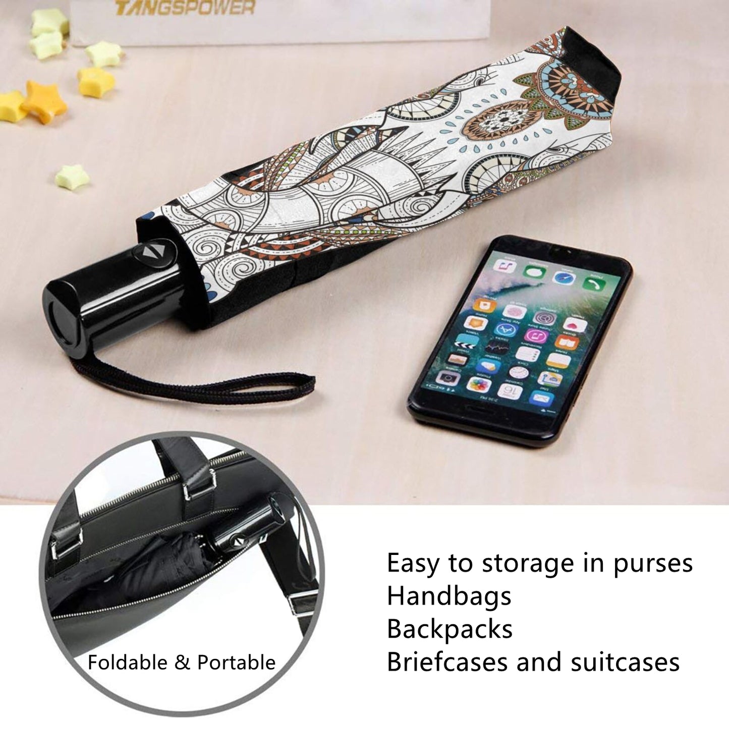 Faltbarer UV-Regenschirm mit Elefantenmotiv auf der Innenseite