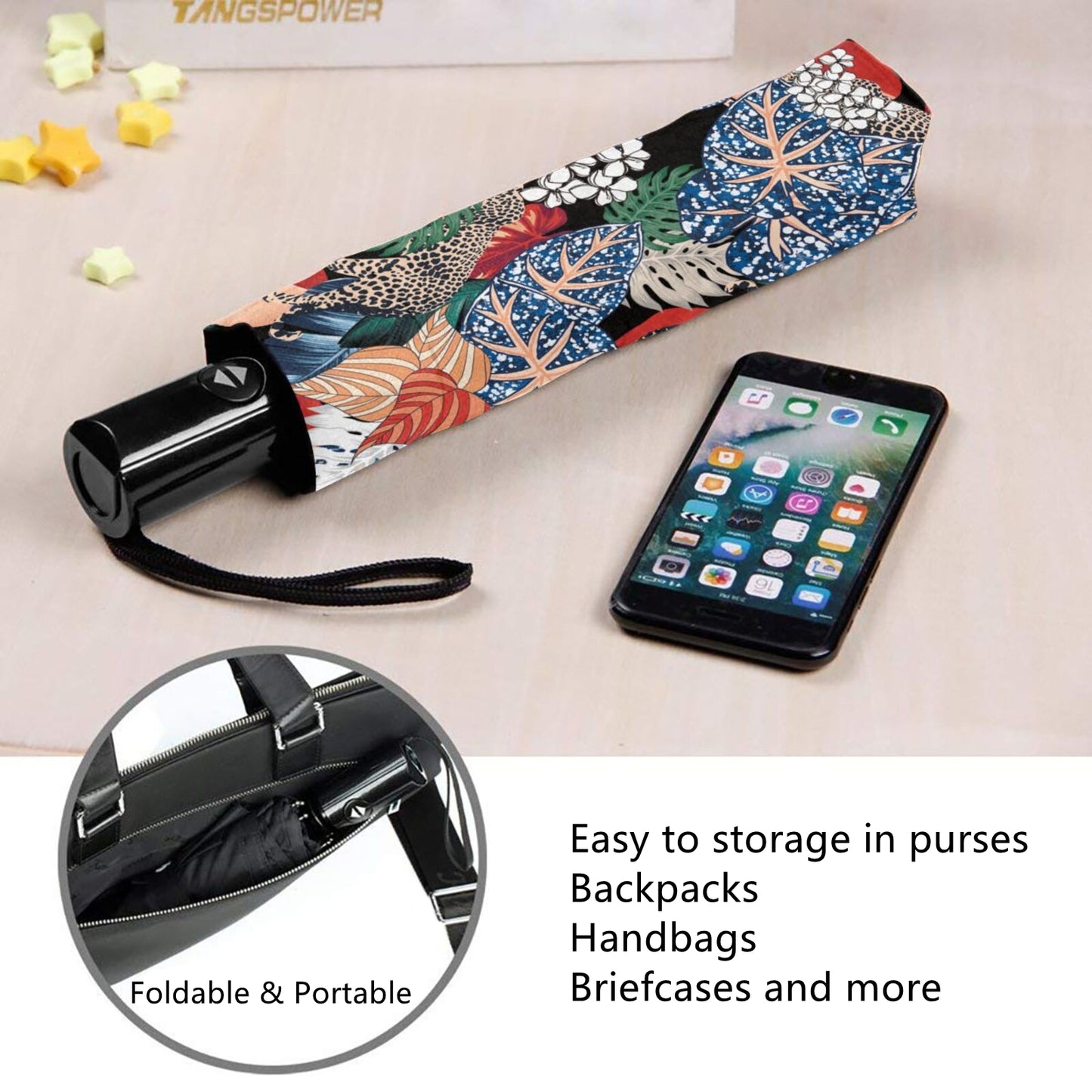 Kleiner Automatik-Regenschirm mit Leopardenmuster innen