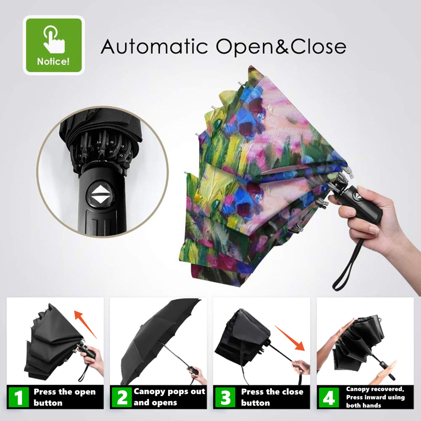 Blumendruck im Inneren eines kleinen, kompakten Regenschirms