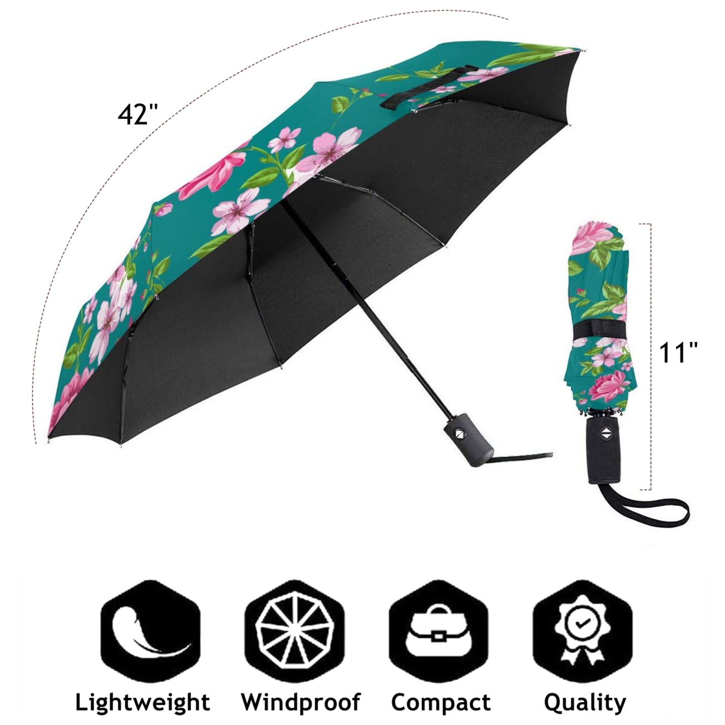 Parapluie de voyage compact à fleurs roses