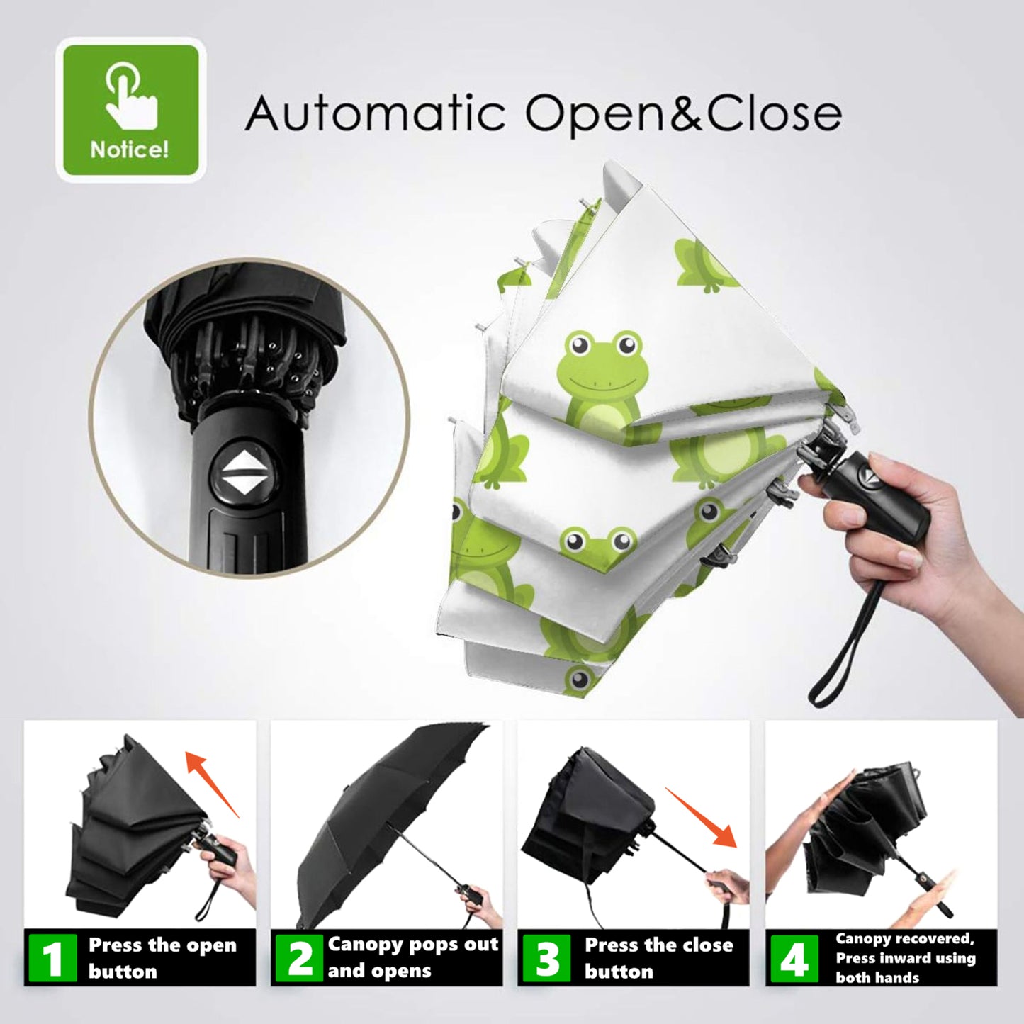 Kleiner faltbarer Regenschirm mit Froschmotiv innen