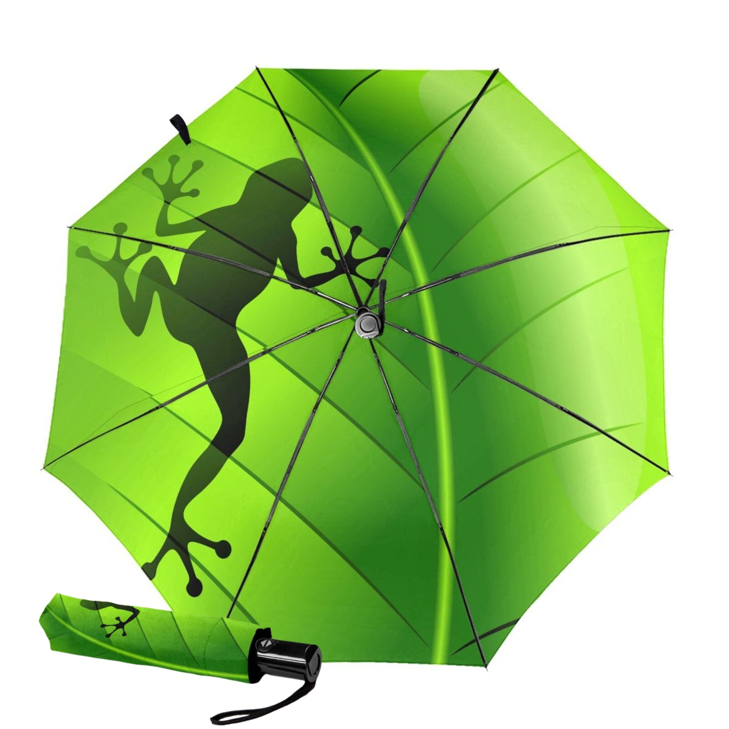 Kompakter Regenschirm mit lustigem Frosch-Design im Inneren