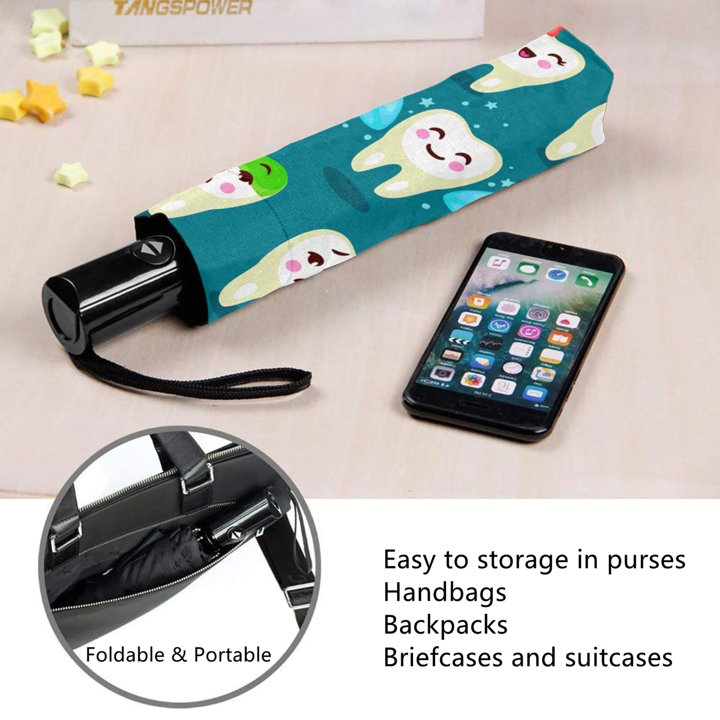 Faltbarer UV-Regenschirm mit lustigem Zahnaufdruck innen