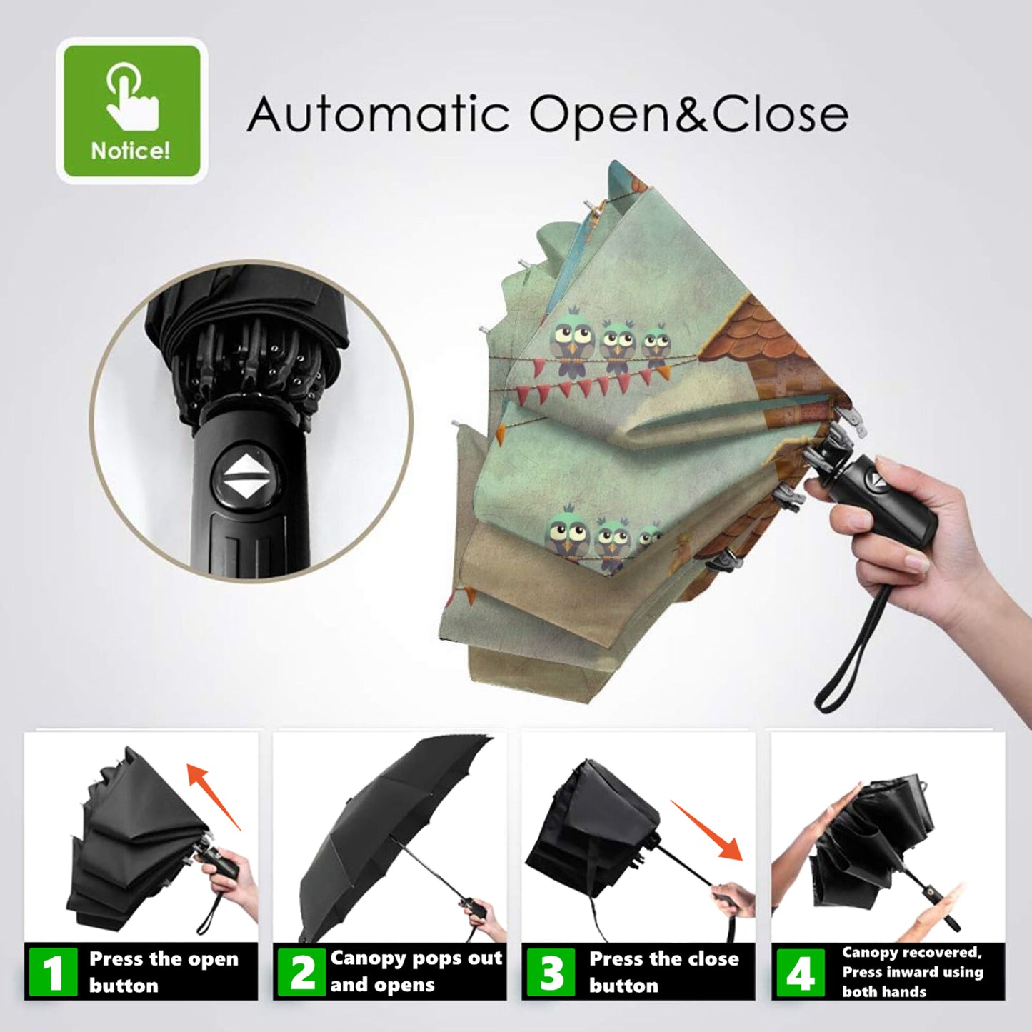 Kleiner faltbarer Regenschirm mit lustigem Design im Inneren