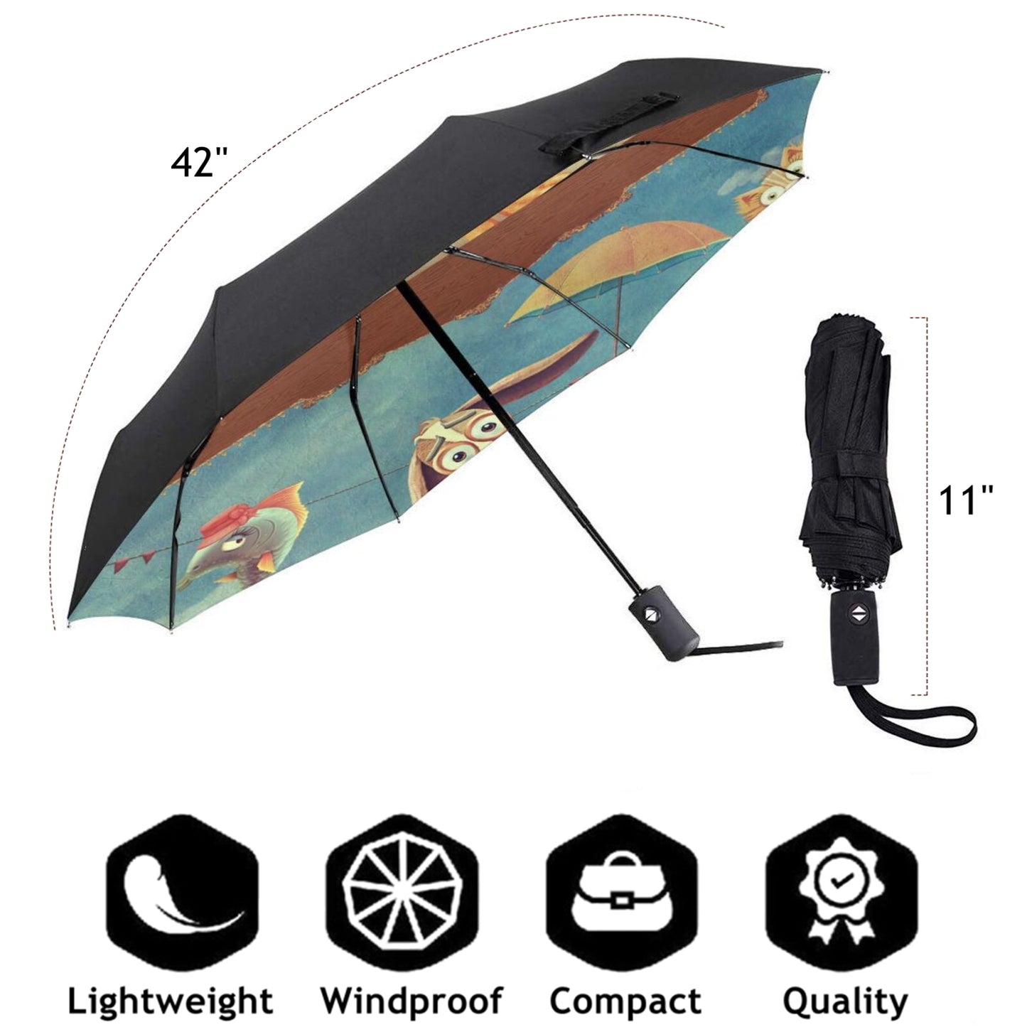 Kleiner faltbarer Regenschirm mit lustigem Design im Inneren