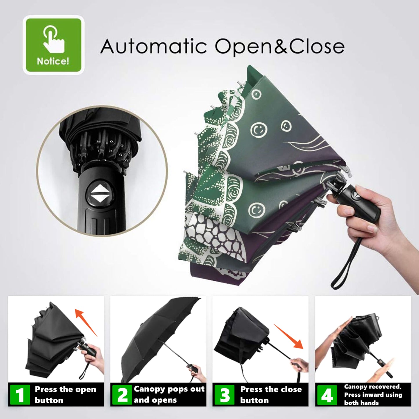 Kleiner kompakter Regenschirm mit Schildkröten-Design im Inneren