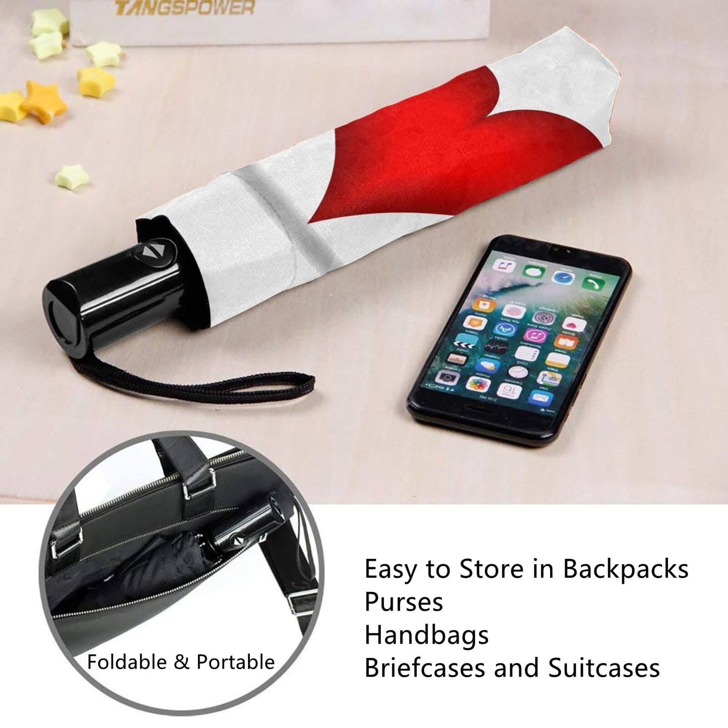 Kompakter Reiseschirm mit Herz-Print innen