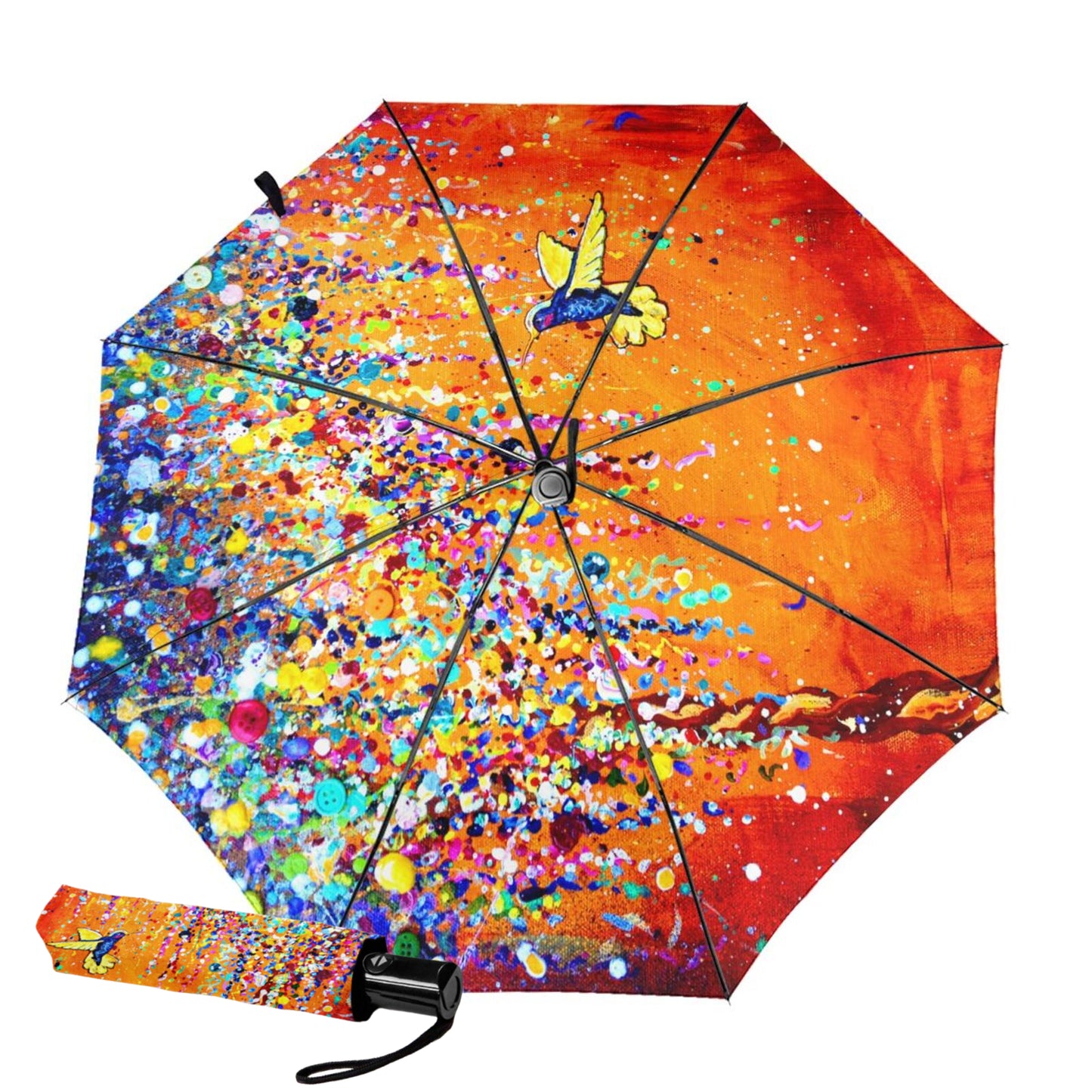 Kompakter Regenschirm mit Kolibri-Ölgemälde innen
