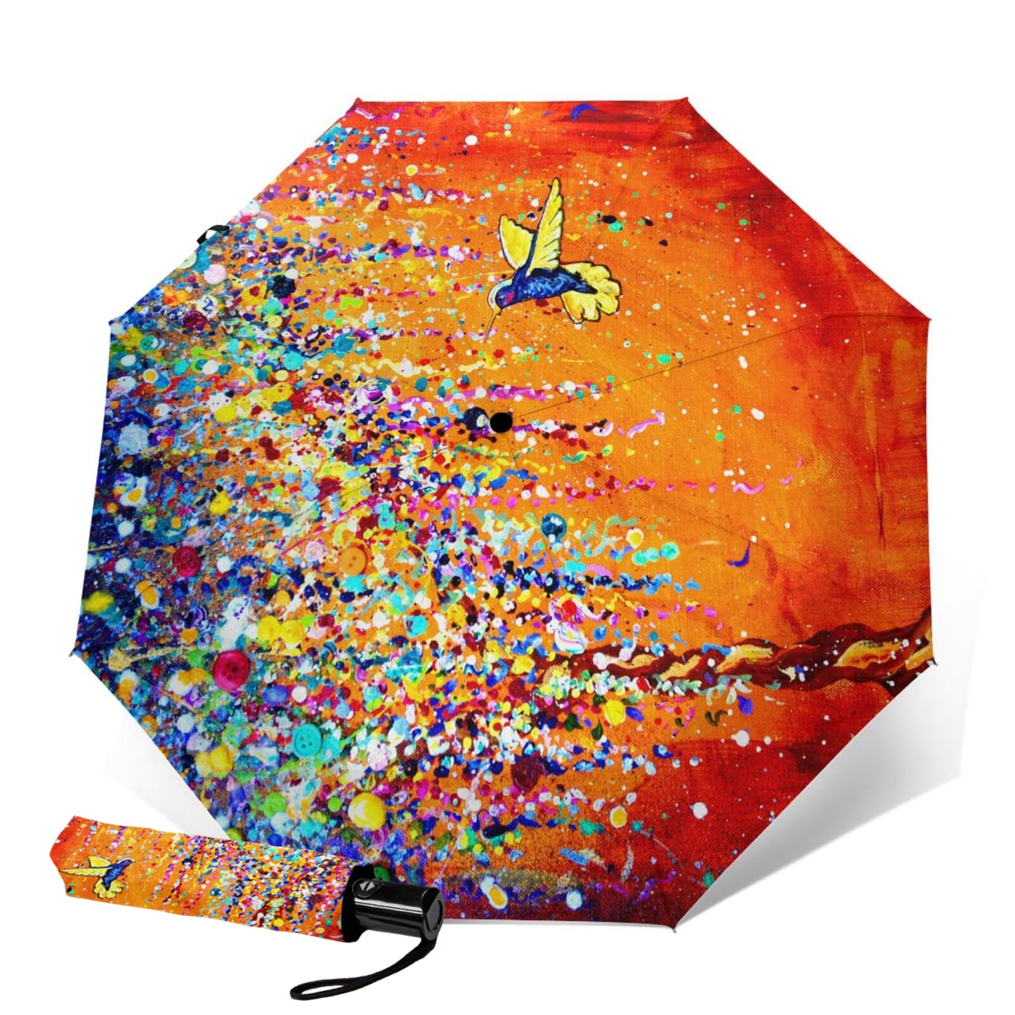 Parapluie pliant à motif colibri peint à l'huile